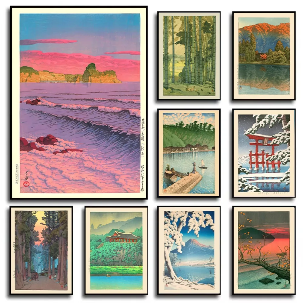 1 قطعة بدون إطار، ملصق ياباني، فن الخشب، البحر الصباحي في Shiribeshi بواسطة Kawase Hasui، ديكور ياباني، ديكور ملصق المحيط #1