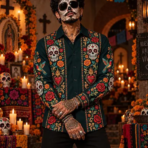 Men Long Sleeve Western Shirt Day of the Dead Sugar Skull Floral Print Button Down Casual Shirt