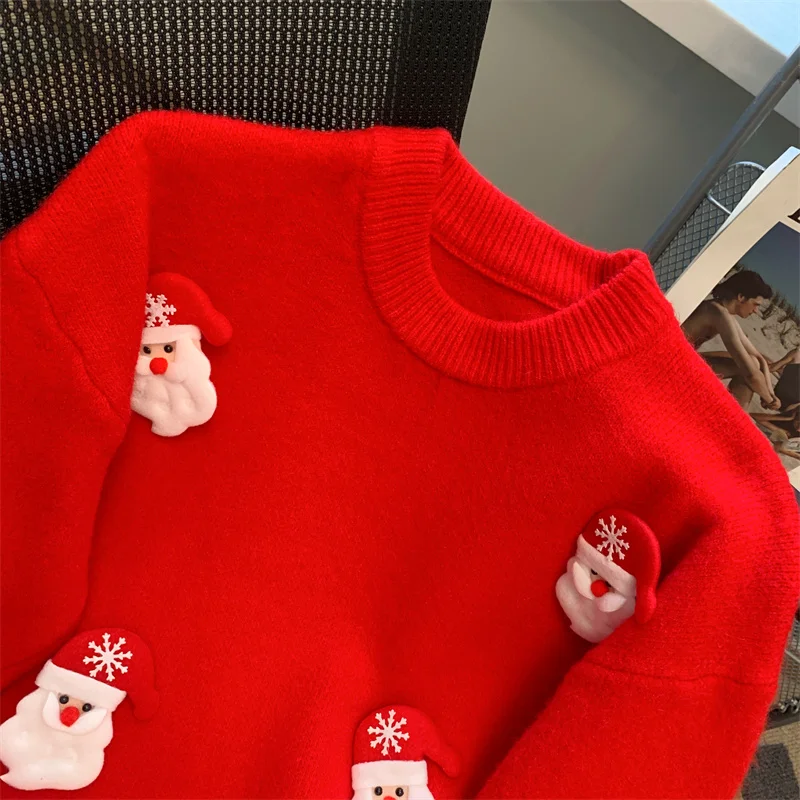 Three-Dimensional Santa Claus Red Long-Sleeved Sweater Women Wear Loose Lazy Tops In 2024 Autumn And Winter With A Bottom Knit