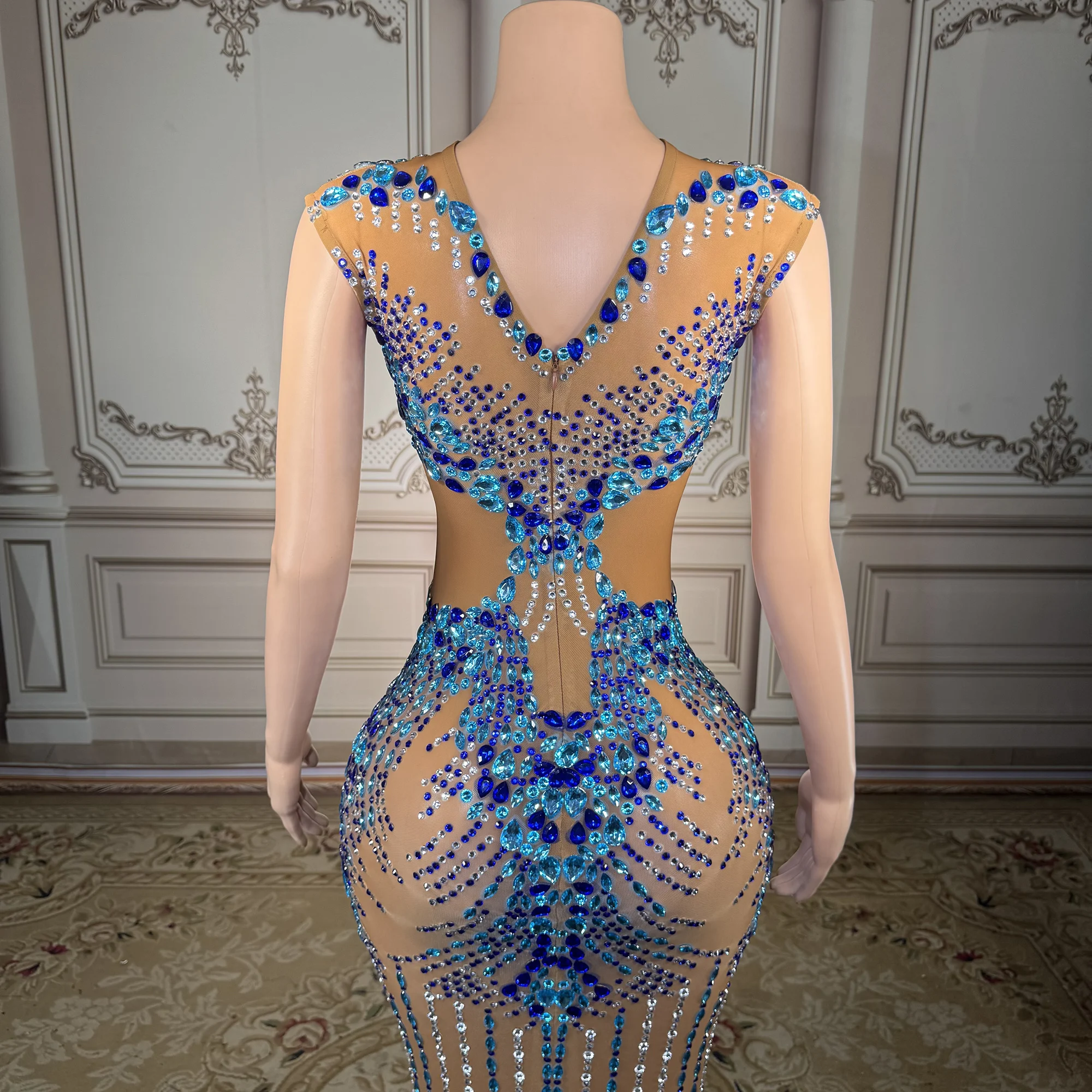 ZD Luxury Elegant Shining Rhinestones Gown Suspenders Mesh High Split Long Dress Women Evening Prom Red Carpet Photoshoot Gowns