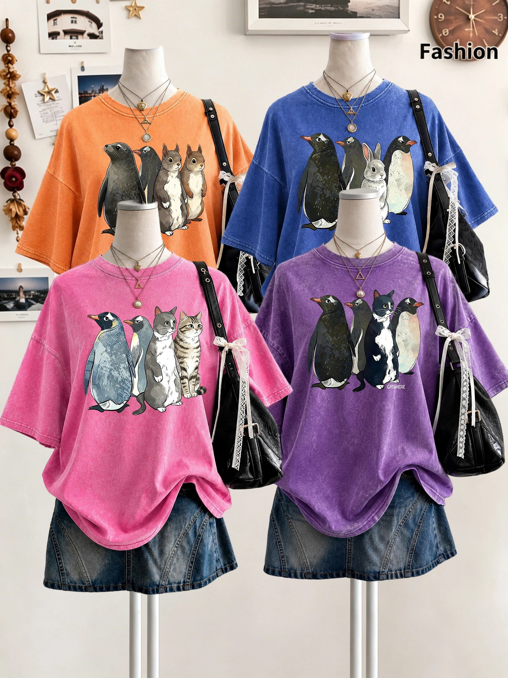 Creative Cartoon Cats Rabbit Penguin Print Women's Washed T-Shirts Y2K Comfortable Short Sleeve Loose T Shirt Cotton Hip Hop Top