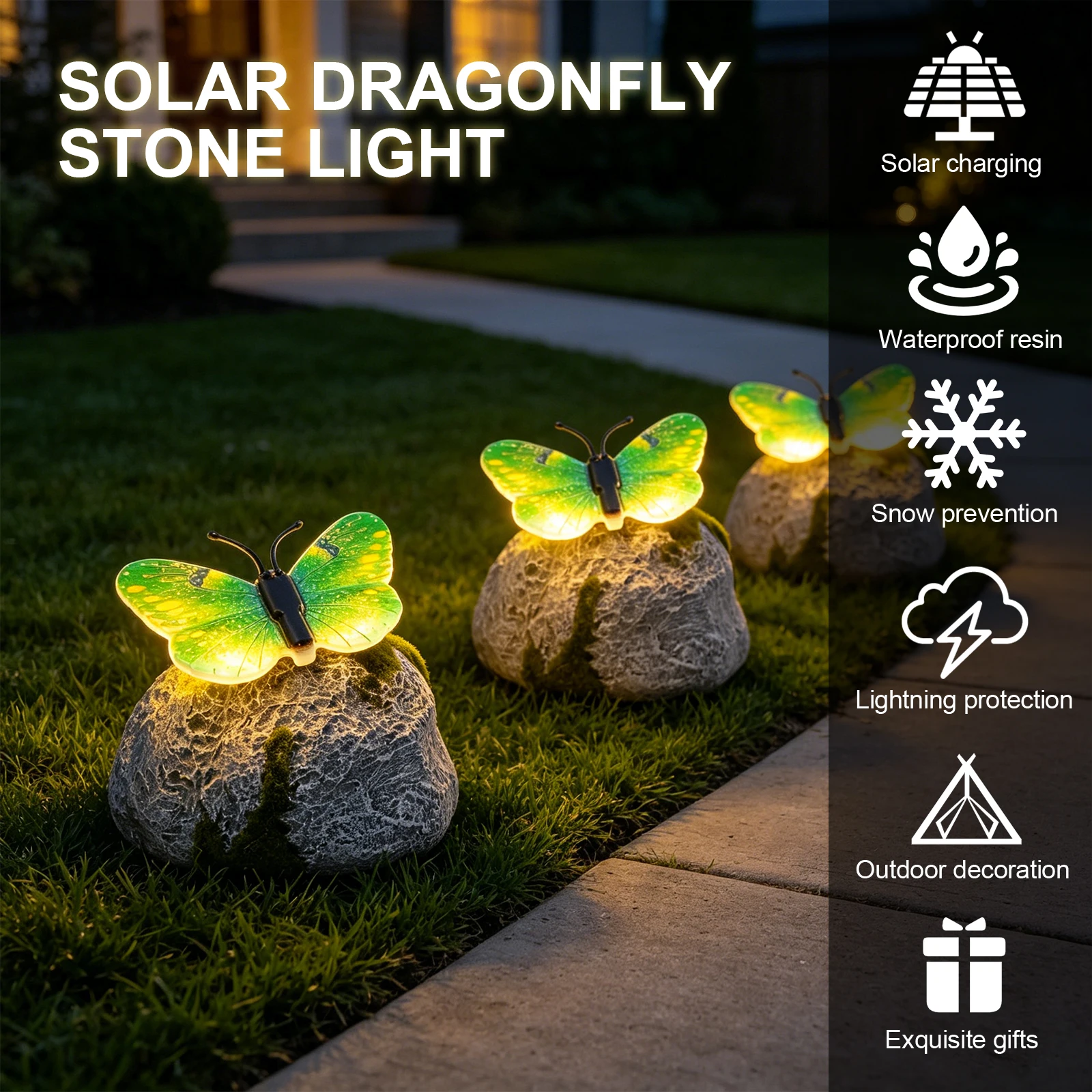 Solar Butterfly Garden Statue with Sparkling Light-Up Wings Imitation Stone Landscape Light Tool-Free for Women Mom Grandma