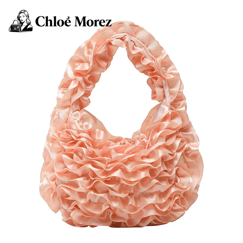 

Sweet Girl Style Lace Pleated Bag with Lace Soft Yarn Splicing, Hand-held Socialite Shoulder and Armpit Bag Women Bag