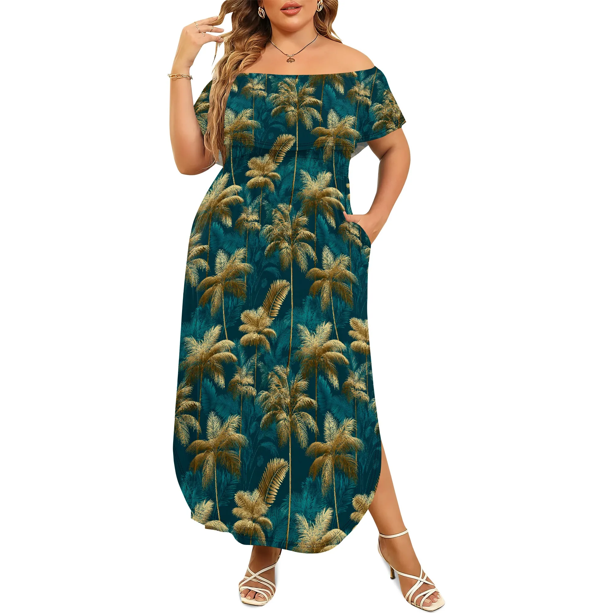 

Plus Size Off The Shoulder Maxi Long Casual Beach Dress Pockets Women