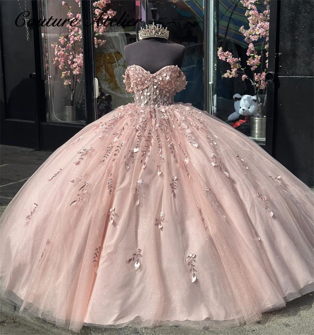 

Pink Sleeve Applique Sweety Quinceanera Dresses Ball Gown Off Shoulder Birthday Lace Up Sweet 15 16 Dress vestido de quinceañera