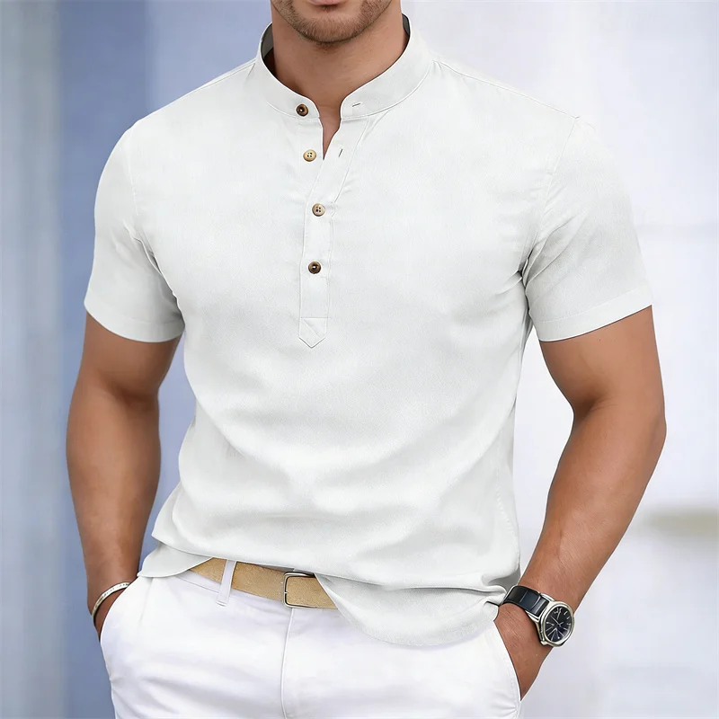 Men's stand-up collar white or black short-sleeved shirt, solid color polo shirt, slim fit business casual men's fashion top.