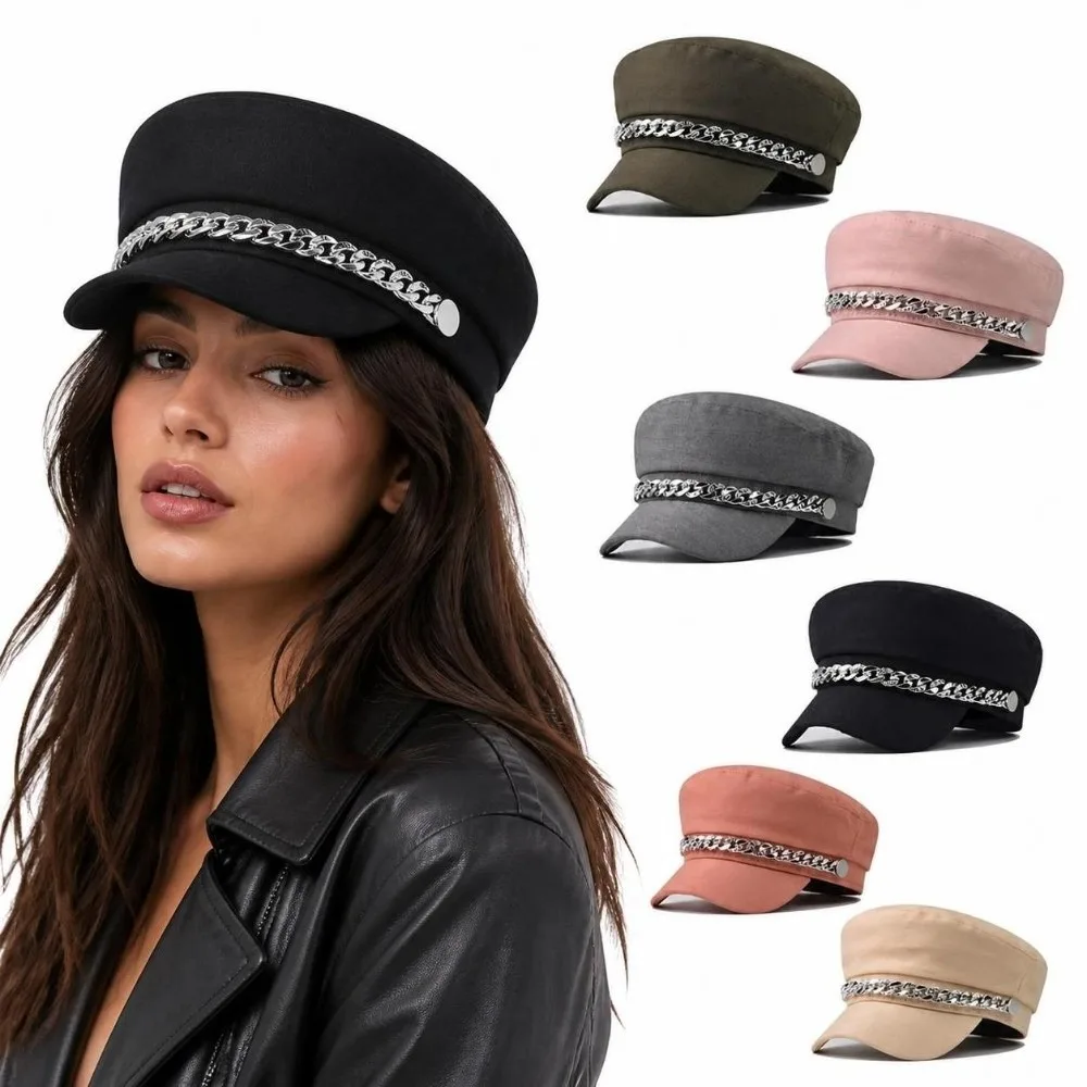 Retro Rhinestone Chain Decor Newsboy Cap Short Brim Flat Top Beret Hat Vintage Twill Fabric Flat Top Cap Daily Street Wear