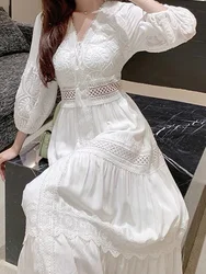 Abito lungo bianco donna estate Boho abiti in pizzo vacanza al mare femminile scava fuori abito donna elegante Vintage abiti larghi