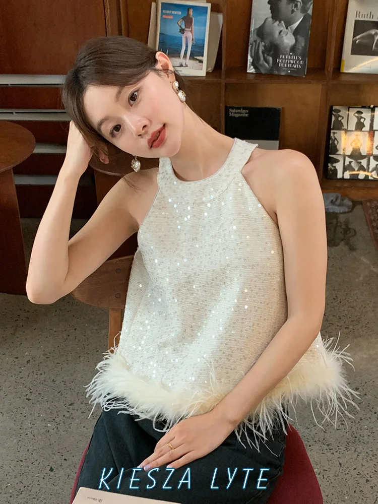 

2024 Autumn French-style Halter Tank Top High Quality Feathers and Sparkles Fashion Party Short Tops Women Clothes Crop Top