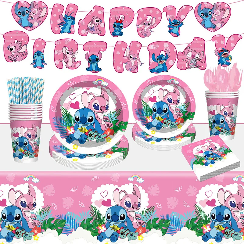 Disney Lilo Stitch Geburtstag Party Dekoration Kinder Stitch Thema Geschirr Set Engel Luftballons Happy Banner Zubehör für Mädchen zugunsten