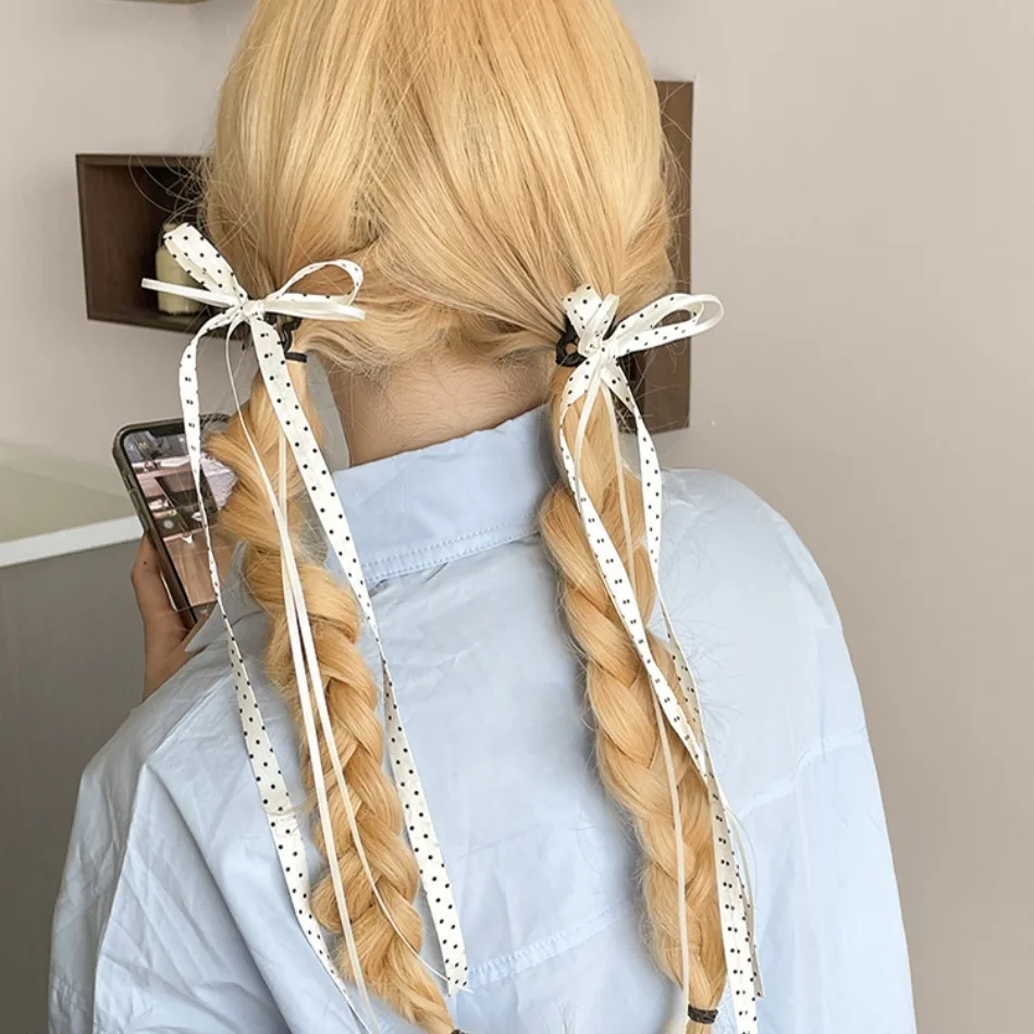 

4PCS Long Ribbons Small Bow Ponytail Hair Rope Ties Solid Color Hair Circle Hair Accessories Girls Dot Bow Mini Hairpins SY08