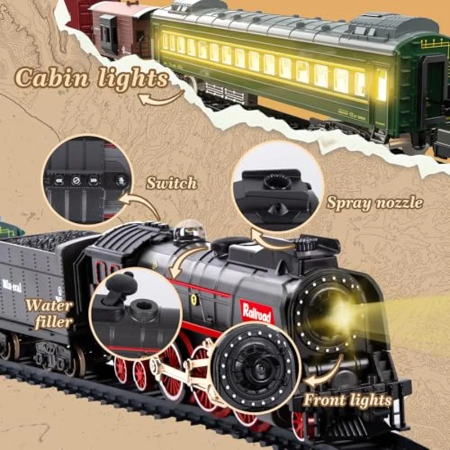 Ensemble de Train électrique pour Locomotive à vapeur classique télécommandée, avec feux de fumée et sons, Trains rétro, jouets pour C