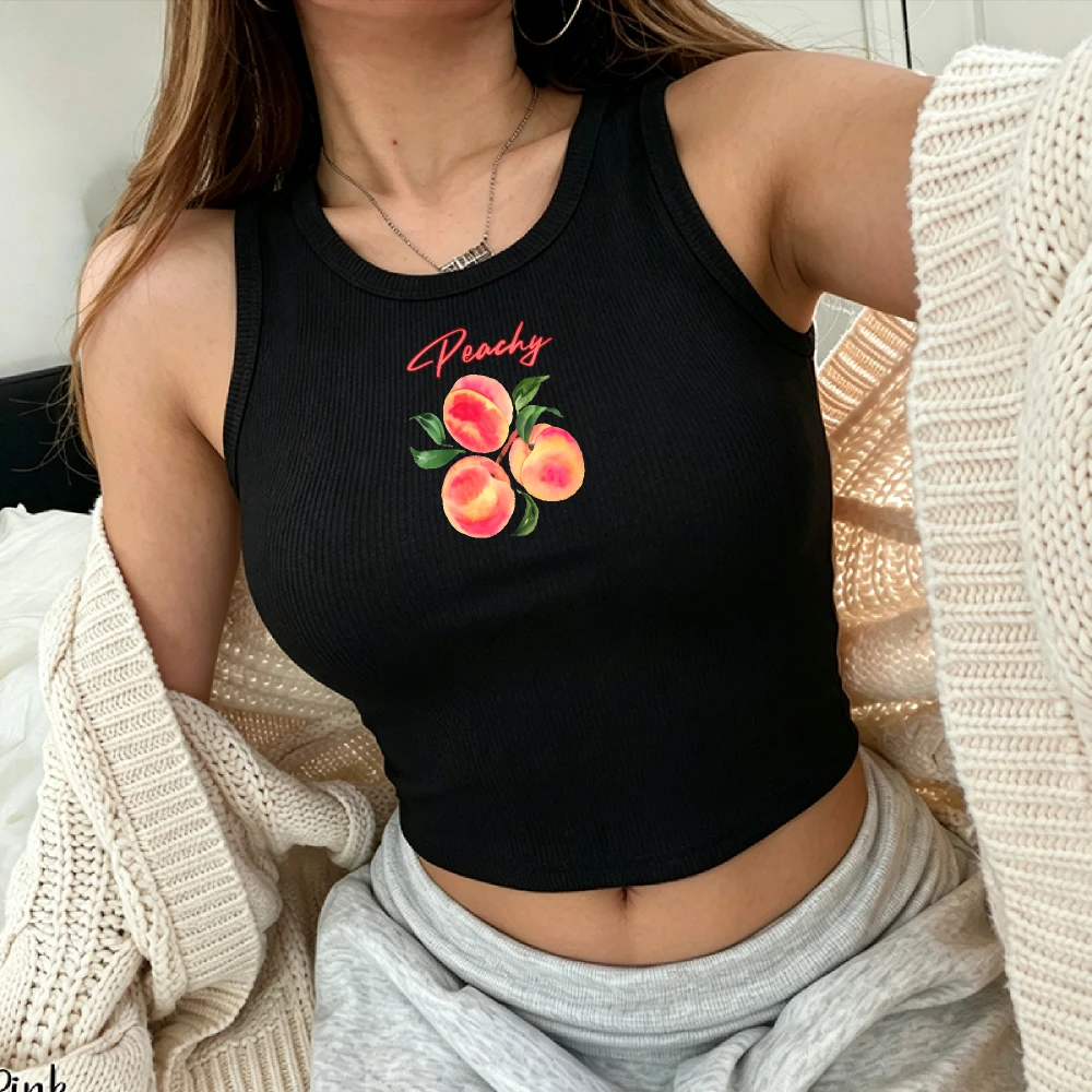 Watercolor Peachy Peach Fruit Script Letter Print Ribbed Tank Tops Slim Sleeveless Camisole Vintage Y2K Top Casual Cropped Crop