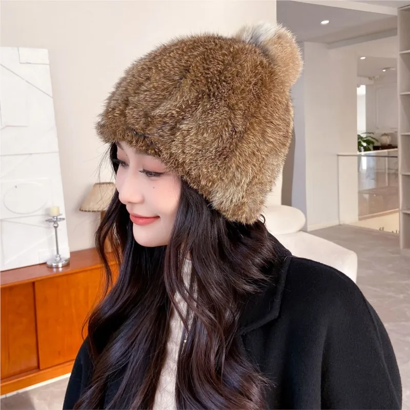A thick ear-protecting elastic pullover and fur double-sided woven headscarf for women in autumn winter