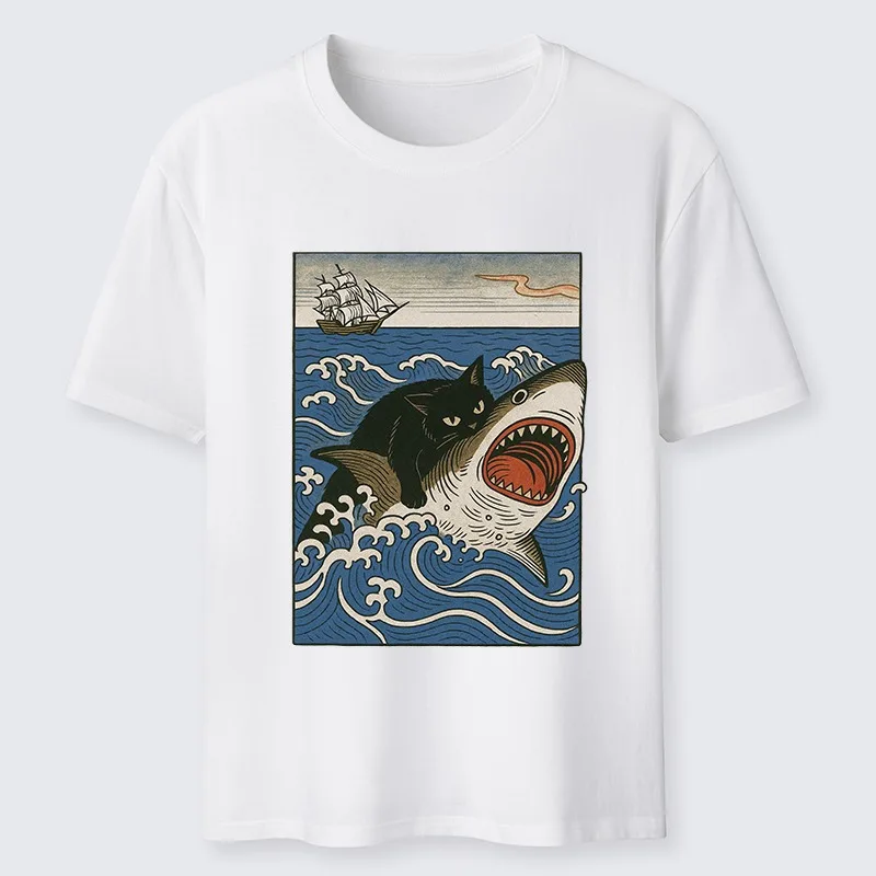 Cat Hunting Shark Classic T-Shirt Fashion Short Sleeve O-neck Pure Cotton Summer Tees Men's Sports Harajuku Chic Tunics Oversize