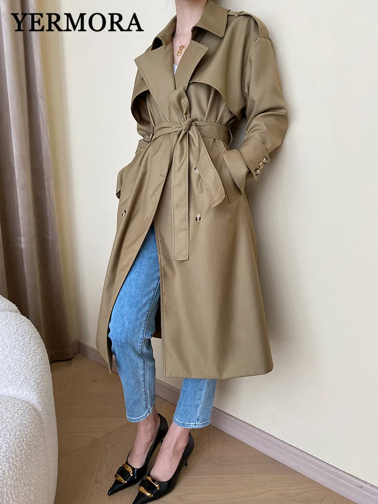 

YERMORA Khaki Belted Button Casual Trench For Women Lapel Long Sleeve Loose New Windbreaker Fashoin Tide Spring Autumn 2025
