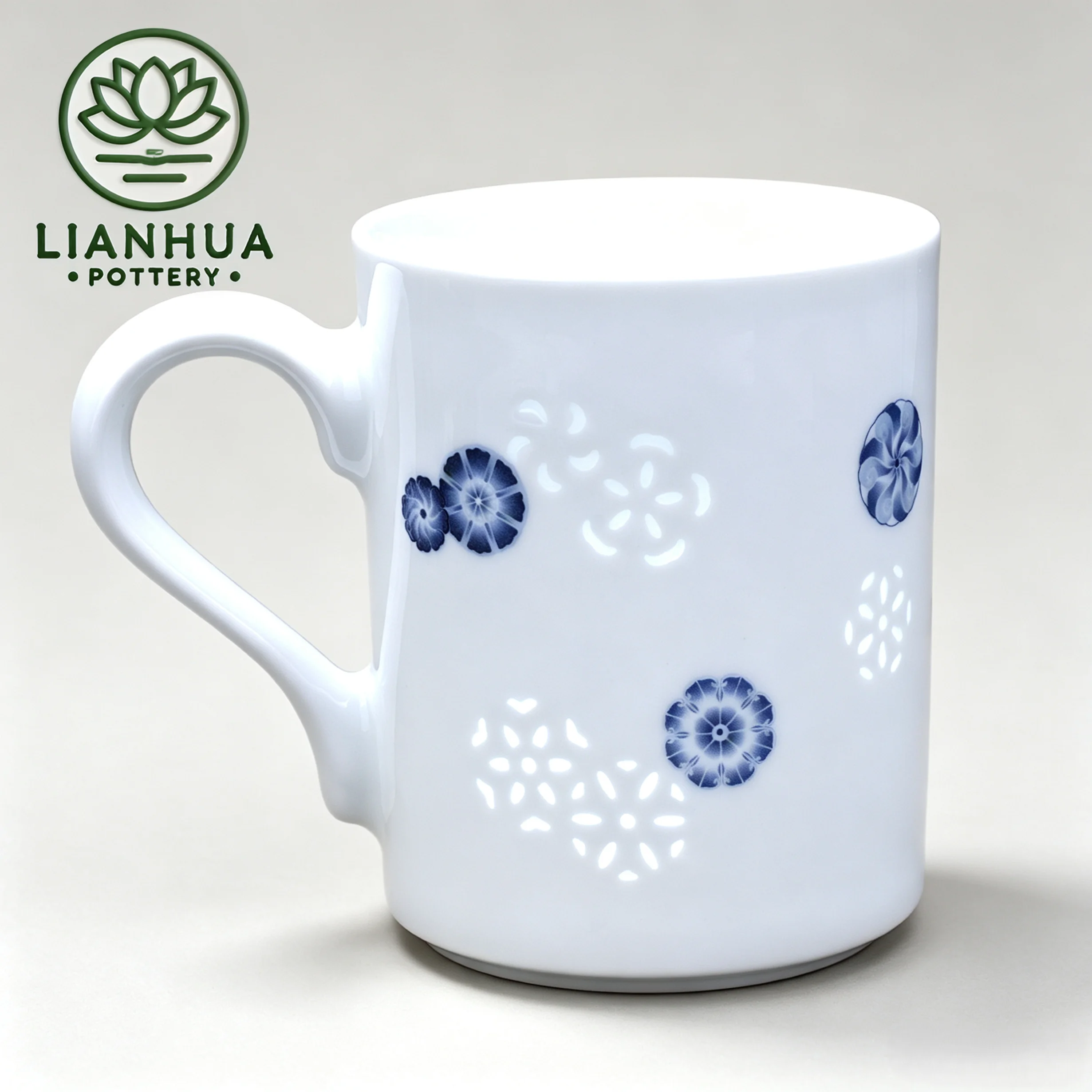 LIANHUA POTTERY Linglong Porcelain Mug 350ml Handcrafted Blue Floral Design Luxury Wedding Anniversary and Birthday Gift