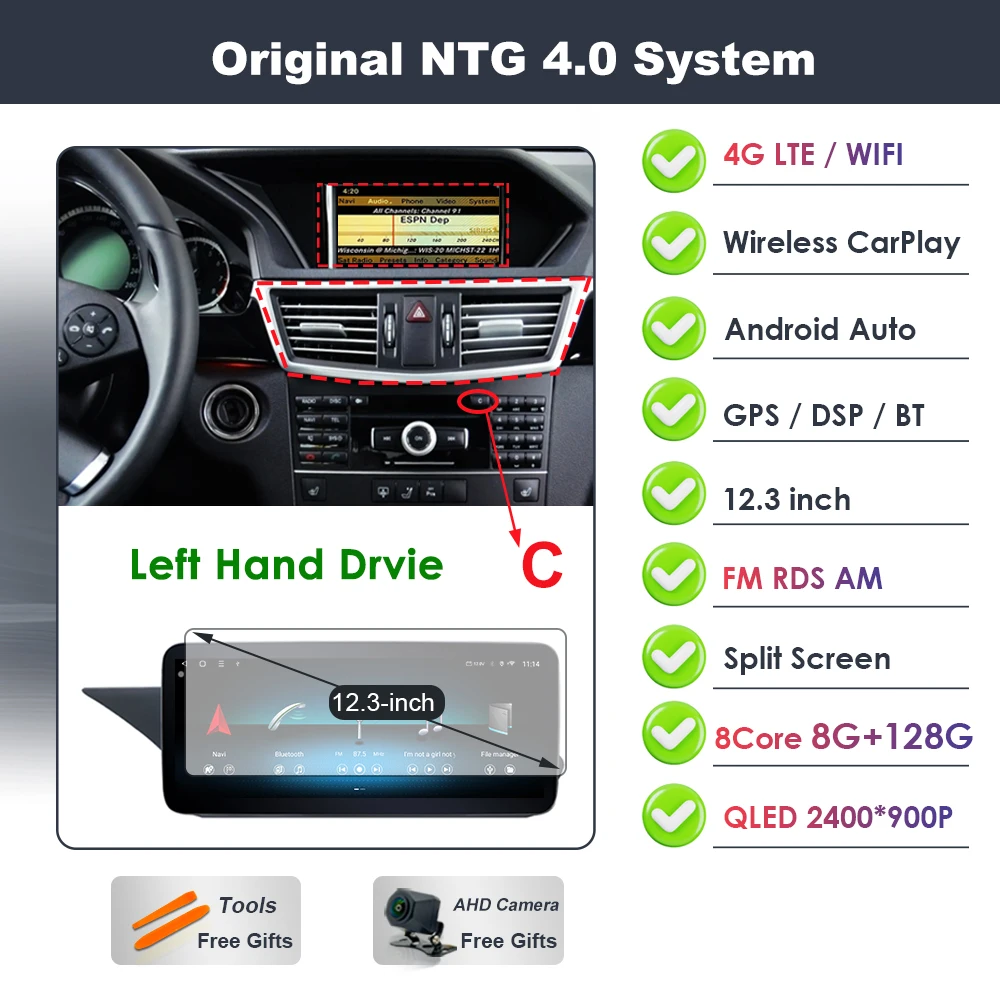 Draadloze Carplay voor Mercedes Benz E-Klasse W212 2009-2015 Android 16 autoradio video DSP stereo GPS QLED touchscreen 4G WiFi BT