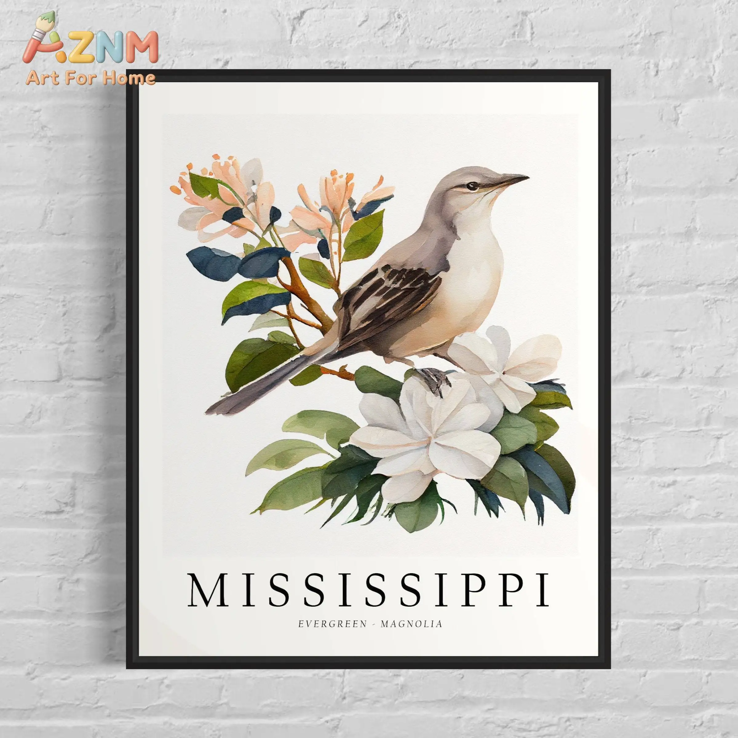 AZNM Watercolor US State Bird Flower Canvas Wall Art, Vintage Nature Wildlife Print, Frameless Botanical Bird Decor Painting for