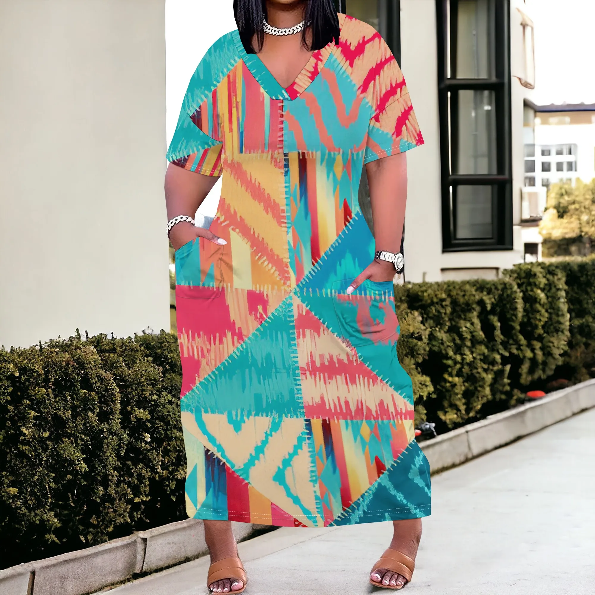 

Nupusa Plus Size Patchwork Print Dress, V - Neck Short - Sleeve, Pocketed, Boho Style Maxi Dress