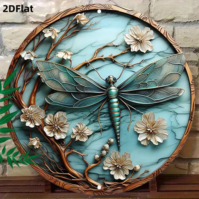 2D Flat - 1pc 2D Flat Elegant Dragonfly Round Decorative Painting | Jadeite Background with Floral Branches, Retro Style, Framel