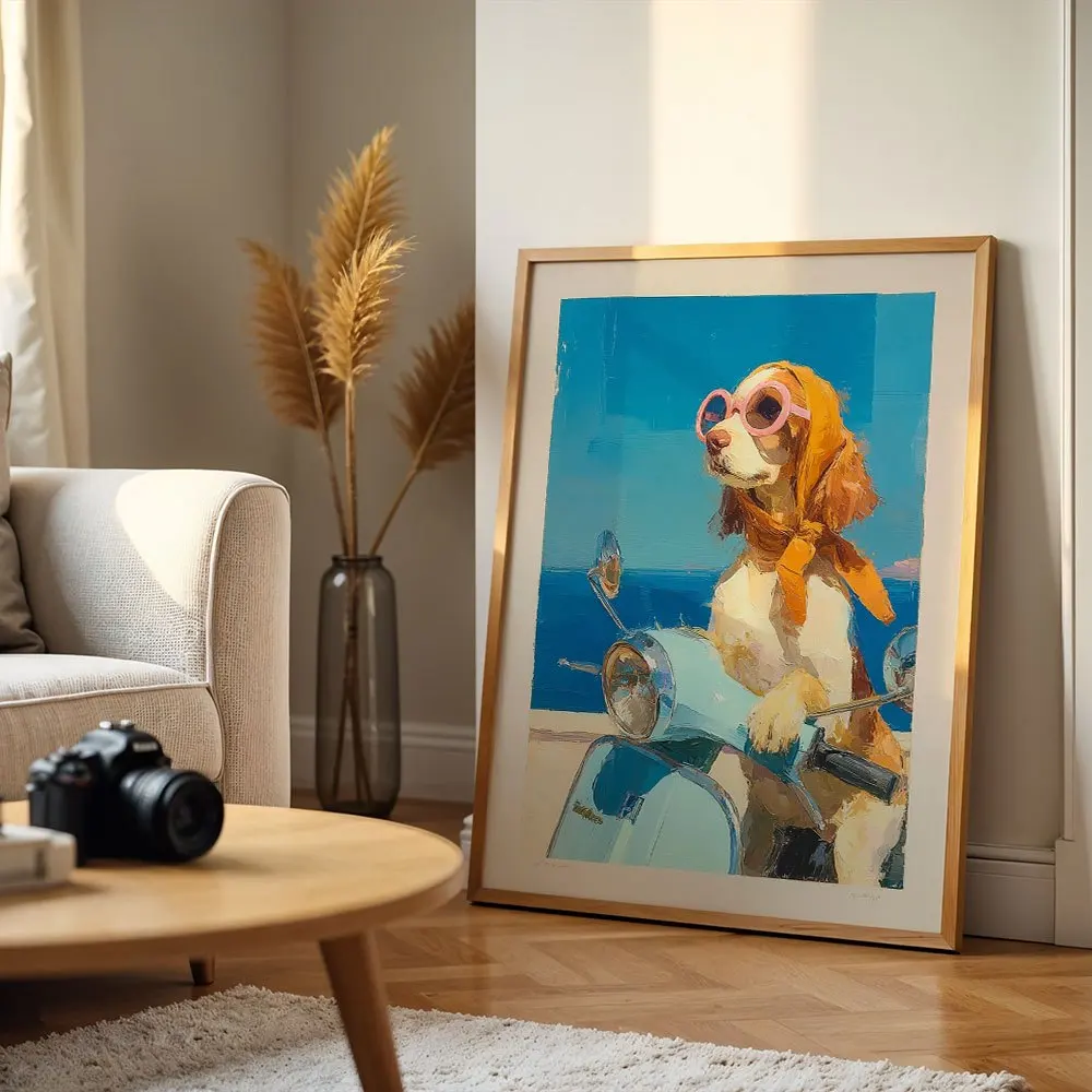 Abstract Dog Riding Scooter Canvas Poster Wall Art,2D Print Wall Decor,Cute Pet Home Decoration Gift For Living Room Bedroom