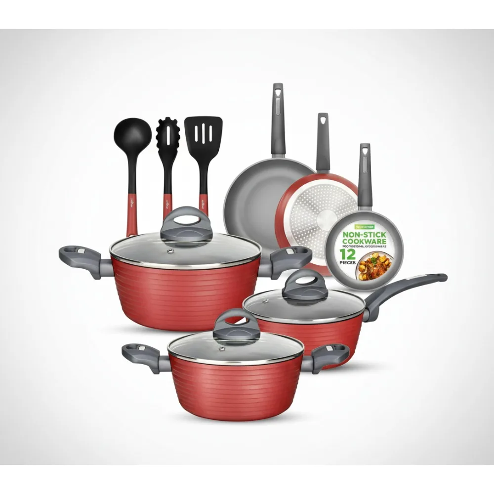 

Набор посуды с антипригарным покрытием, 12 предметов, термостойкие кухонные кастрюли без ПТФЭ/ПФА, сковороды, посуда для домашней повара