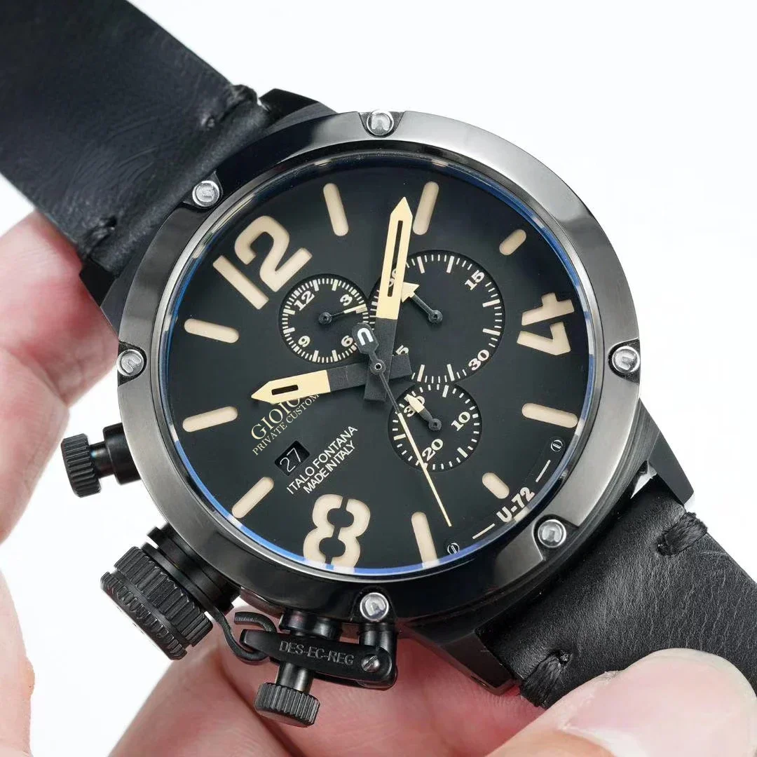 Reloj cronógrafo de cuarzo de lujo para hombre, cronómetro en U, U72, Chimera, Marrón envejecido, cuero de vaca negro, zafiro de barco