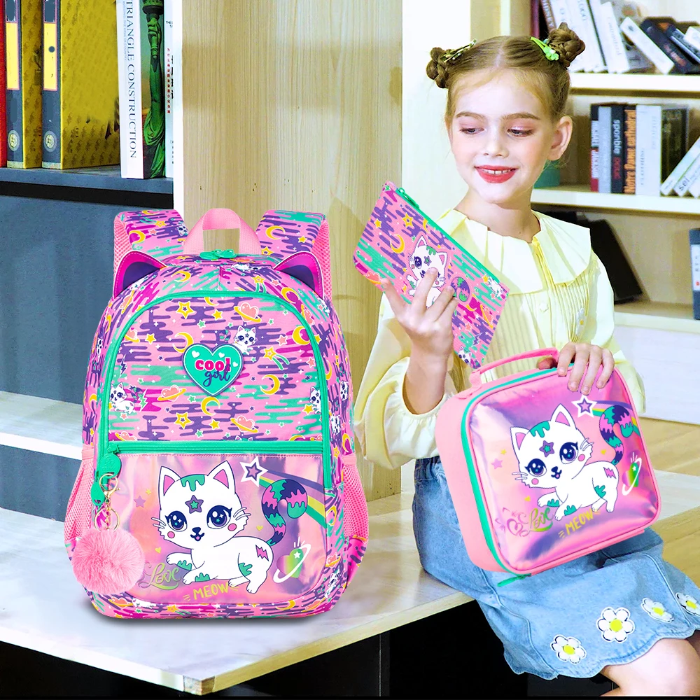 3Pcs Cat Backpack for Girls, 16.5\