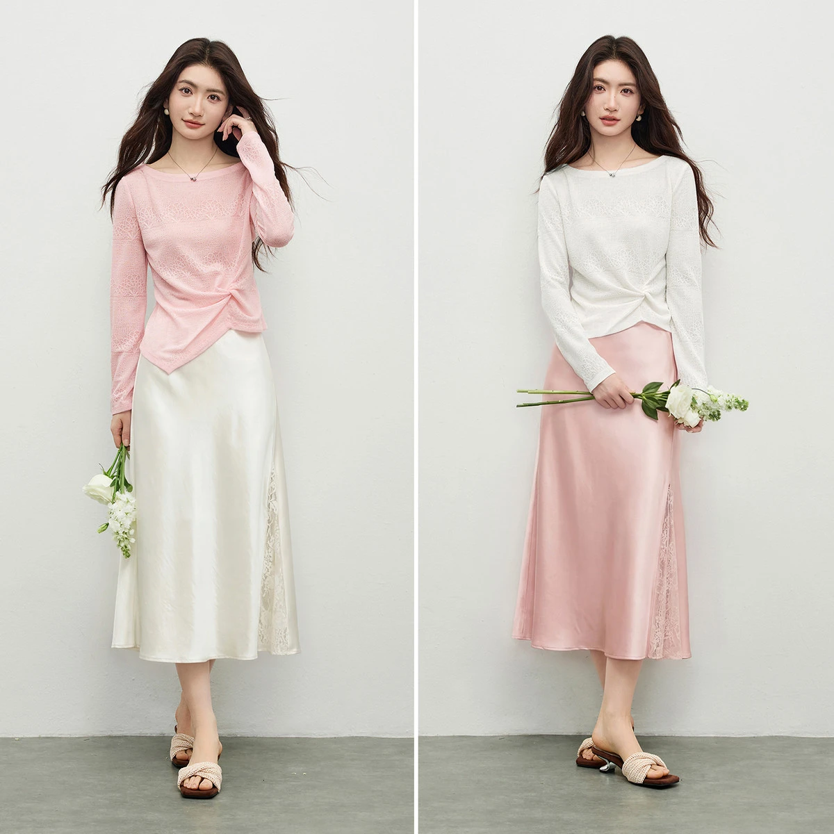 SENTUBILA Women Jacquard Knit Top with Satin-Like Lace Splicing Mermaid Long Skirt Set 2026 Summer Elegant Office 161ZK7094Z view 2