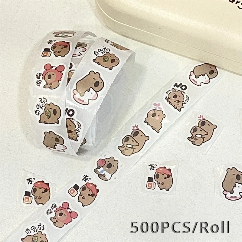 500pcs/roll Trend Cute Cartoon Capybara Sticker Kawaii Scrapbook Water Cup Guitar Phone Case DIY Sticker Kid Thank You Sticker