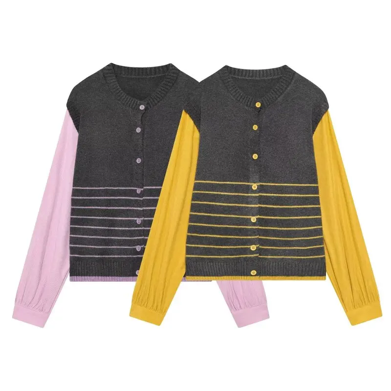 

Осенний модный вязаный кардиган с цветовыми блоками, имитация двухслойного свитера, с круглым вырезом, для повседневной носки