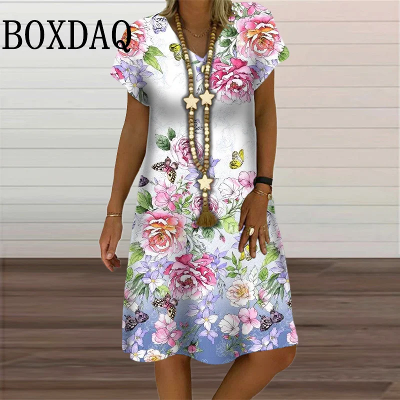 

Butterfly Flowers 3D Printed Dresses Women Summer Pullover Ladies Dress Casual Retro Short Sleeve Midi Loose Plus Size Dress 6XL