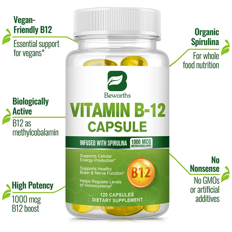 BEWORTHS Vitamin B12 Capsule 1000 Mcg Methyl B12 Organic Spirulina Supports Healthy Mood Energy Heart&Eye Vitamin B12 Supplement