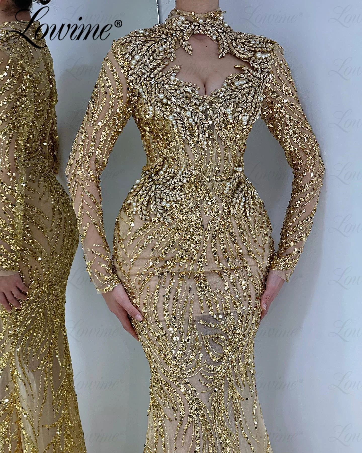 Gouden Glitter Pailletten Kristal Lange Mouwen Vrouwen Feestjurk Arabische Avondjurken Gewaad Zeemeermin Kralen Haute Couture Prom Jurken