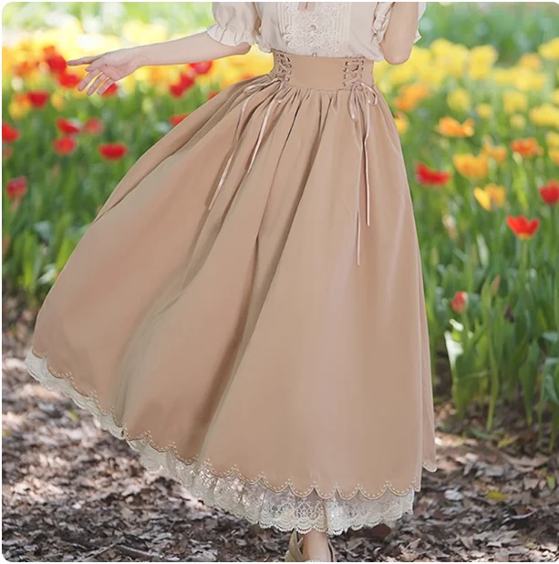 French Retro Fashion Versatile Age Reducing Lace Big Swing Long Lolita Lace-Up Skirt Embroidery Long Sleeve Loose Shirt Top