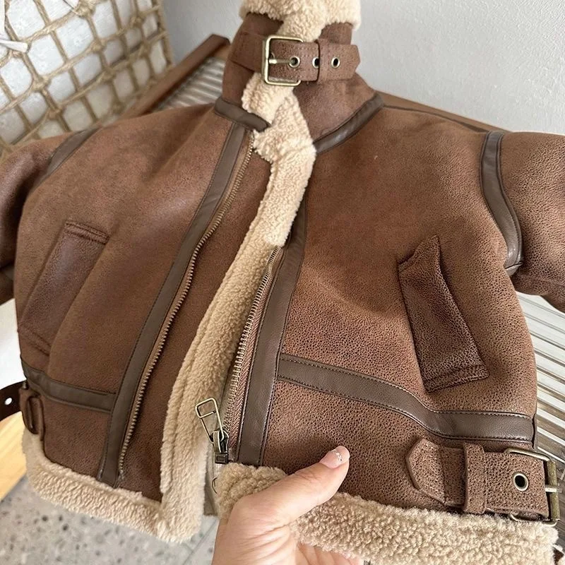 UNITIM Winter Children Boy Suuede Jacket Kids Boys Leather Fur Integrated Motorcycle Coat Suit Turn Down Collar Fleece Outerwear