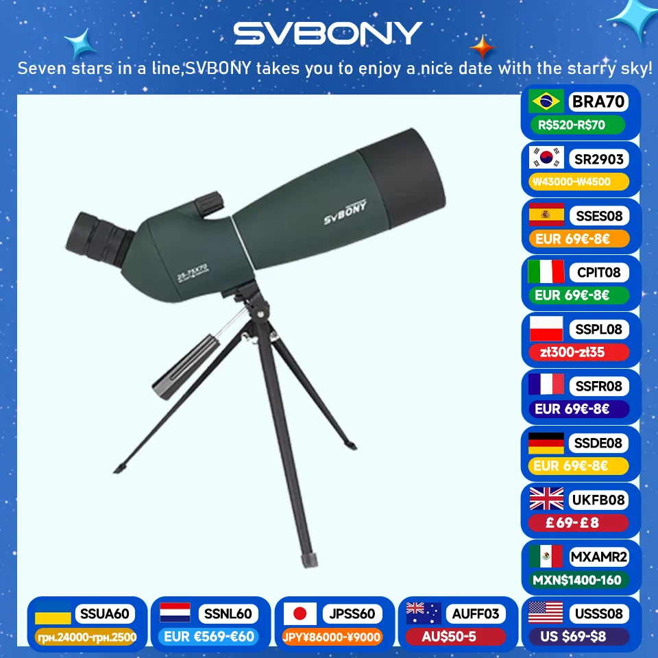 Svbony SV28 50/60/70/80mm Spotting Scope Powerful Zoom With Tripod Waterproof,Camping equipment, Target Shooting,Bird Watching