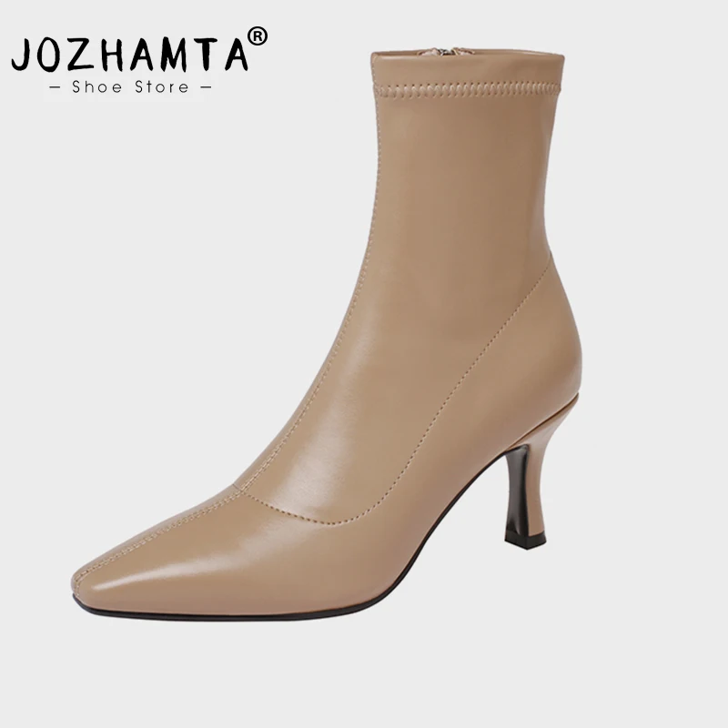 JOZHAMTA Size 34-40 Women Ankle Boots Soft Leather High Heels Fall Winter Shoes 2025 Ins Stretch Boots Office Lady Daily Dress