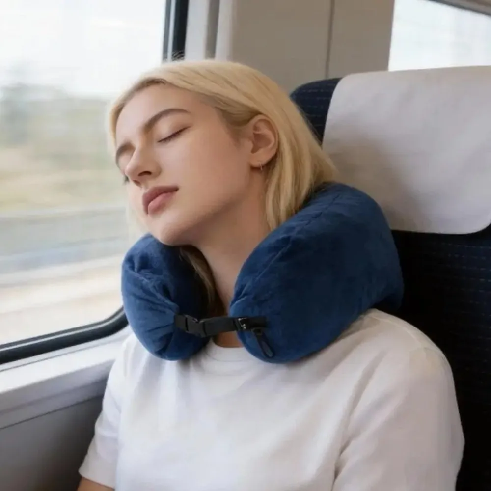 Portable Travel Neck Pillow Solid Color Crystal Fleece U Shaped Pillowcase with Strap Fillable Storage Bag Pillow Travel Use