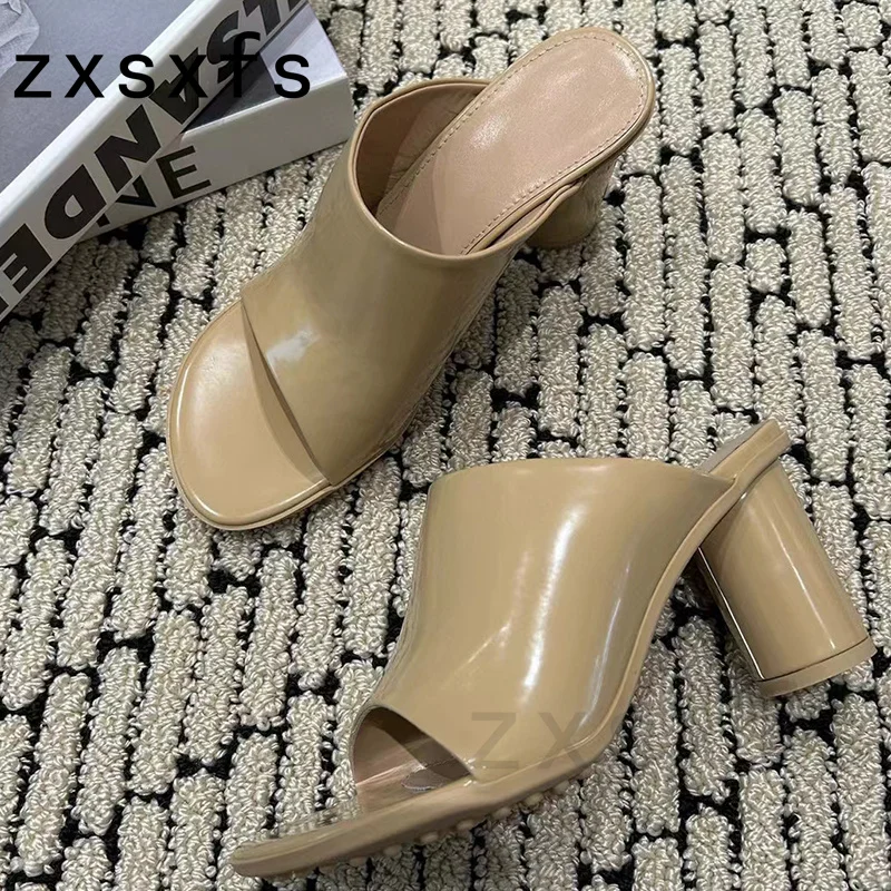 Summer Leather Round Heels Slippers For Women Slip On Peep Toe Slides Brand Designer Party Shoes Women Gladiator Sandals