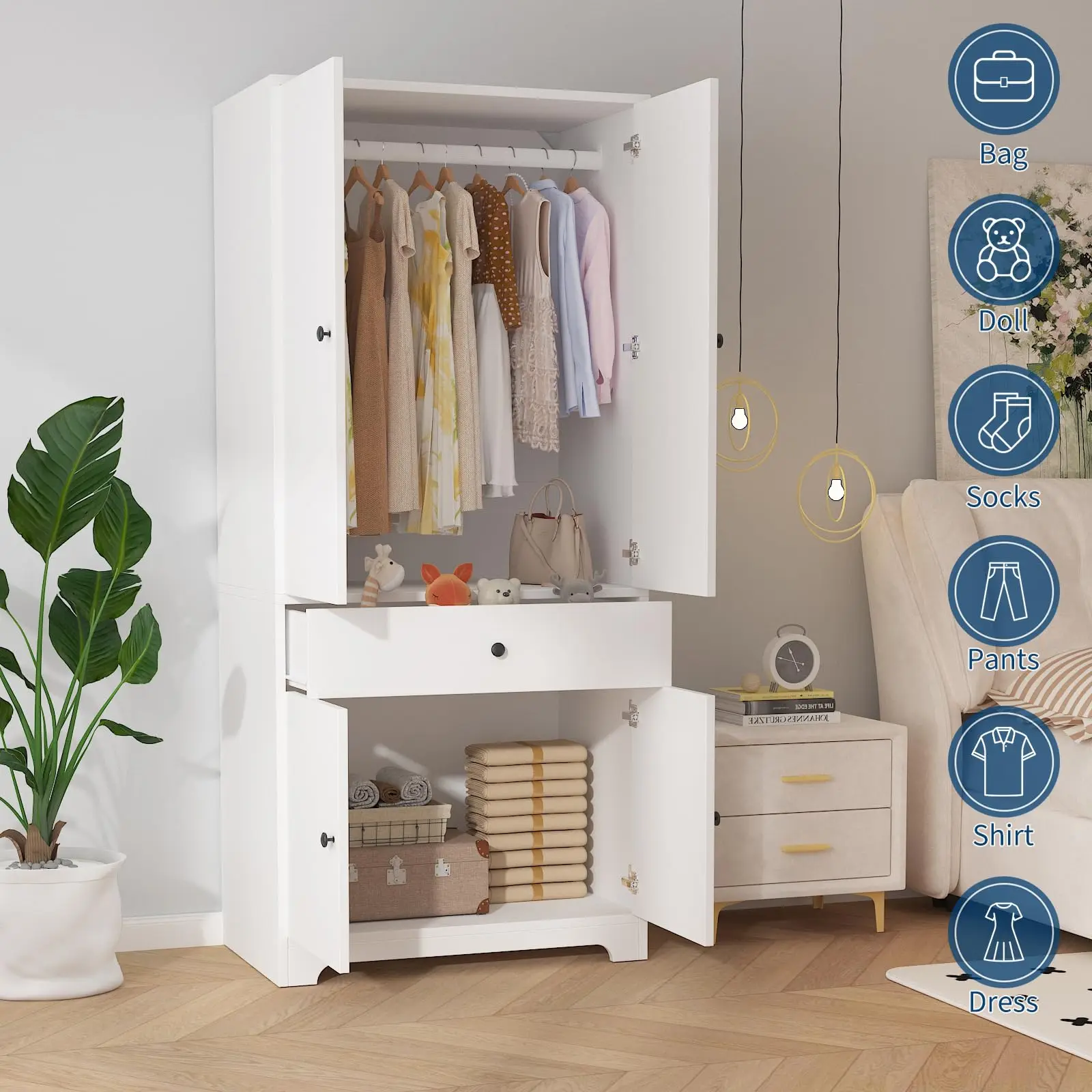 71 Inch Armoire Wardrobe Closet With 4 Doors, Drawer, Adjustable Shelves & Hanging Rod, Wooden Clothing Storage Cabinet For Bedroom image 3