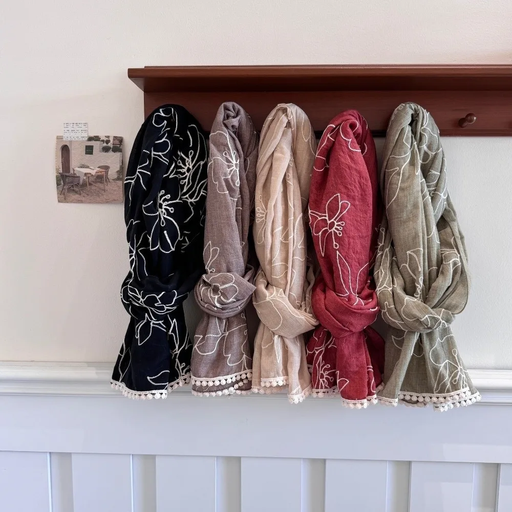

Versatile Elegant Hijab Scarf Thin Flower Embroidery Hijab Shawls Soft Plain Design Female Headscarf for Women