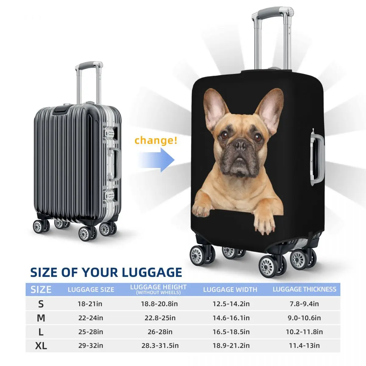 Juste de bagage bouledogue français personnalisée, housse de protection, mignon chien Frenchie, housse de valise de voyage, 18-32"