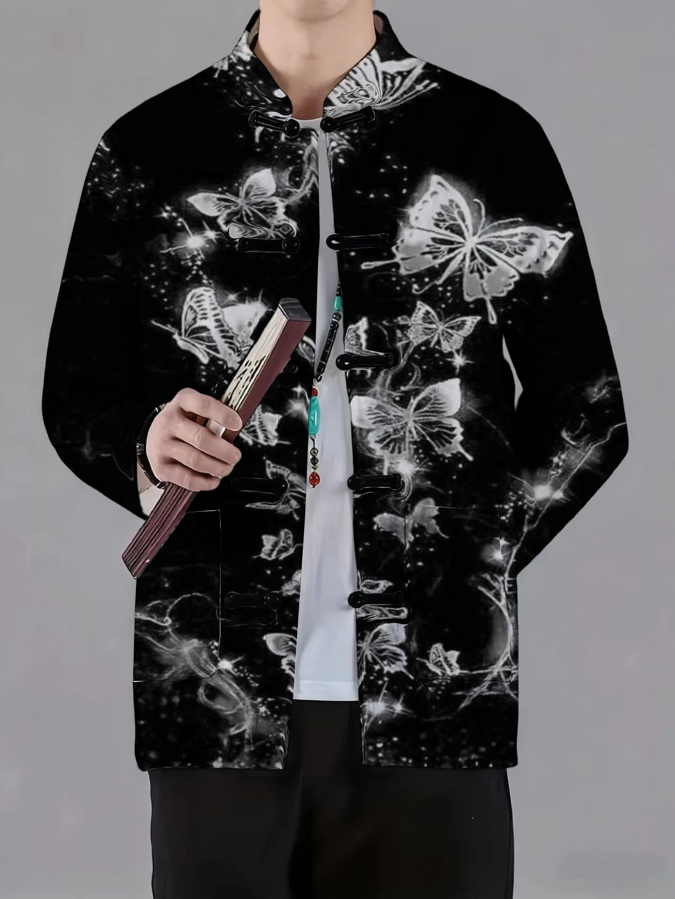 Men Mandarin Collar Frog Button Long Sleeve Jacket Dragon Moon Butterfly Galaxy Print Traditional Coat