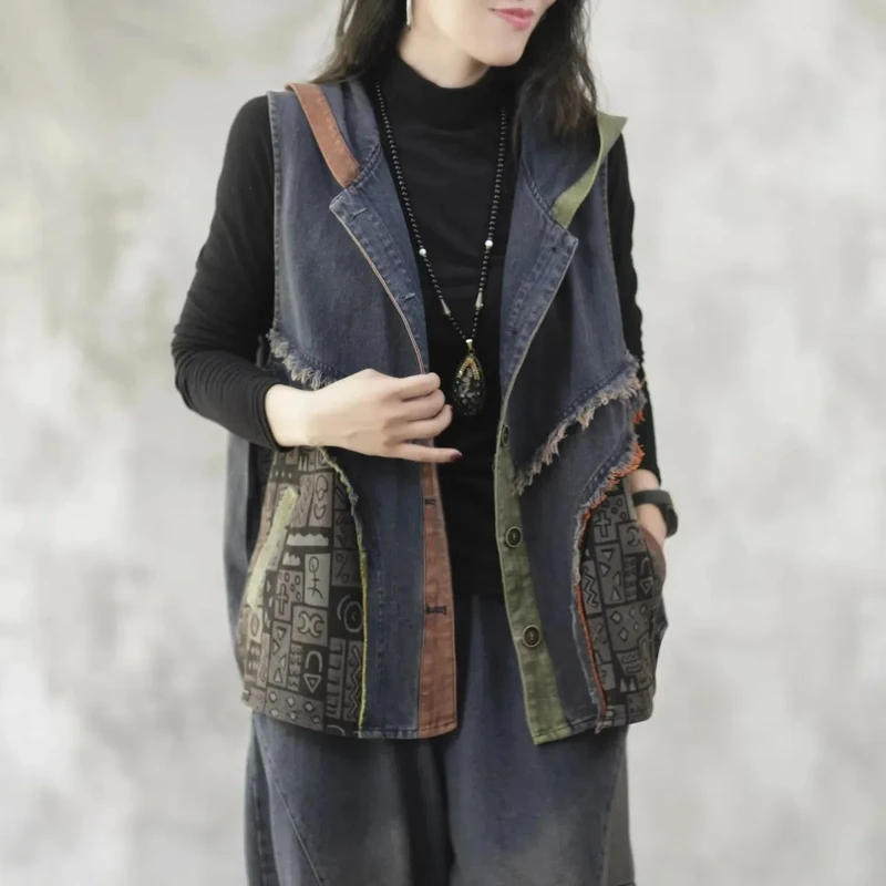 2024 Spring Autumn New Loose Hooded Vest Women\'s Clothing Vintage Contrast Color Korean Office Lady All-match Female Top Coat