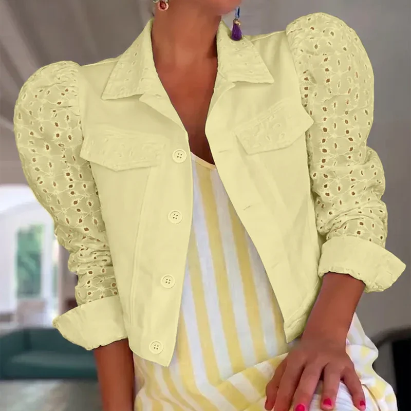 Elegant Button Solid Color Outercoats Autumn Fashion Stand Up Collar Short Jackets Casual Bubble Sleeve Hollow Out Simple Coats