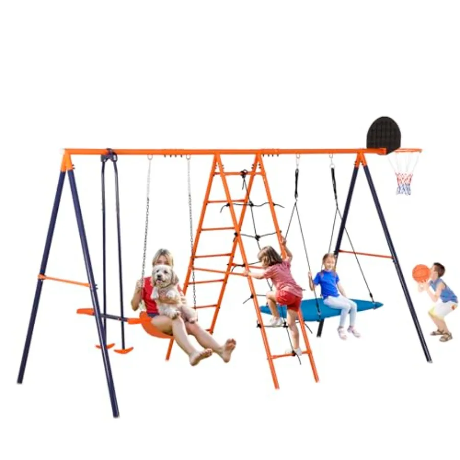 

Набор качелей 6 в 1, металлическая подставка для качелей с А-образной рамой и скользящими качелями, баскетбольное кольцо, лестница для восхождения и сетка для Playgrou