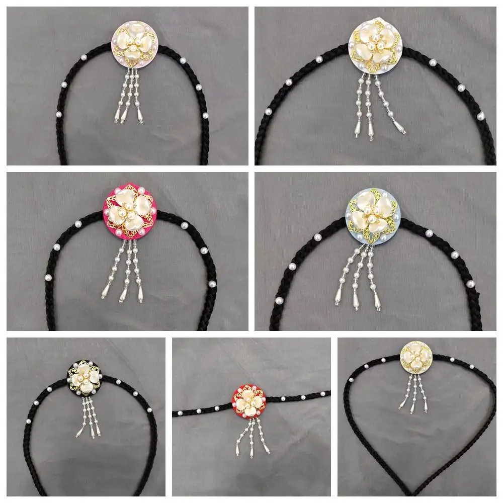 Sweet Flower Hanbok Wig Headdress Tassel Pearl Korea Ethnic Style Hairband Beaded Traditional Stage Dance Hair Hoop Performance