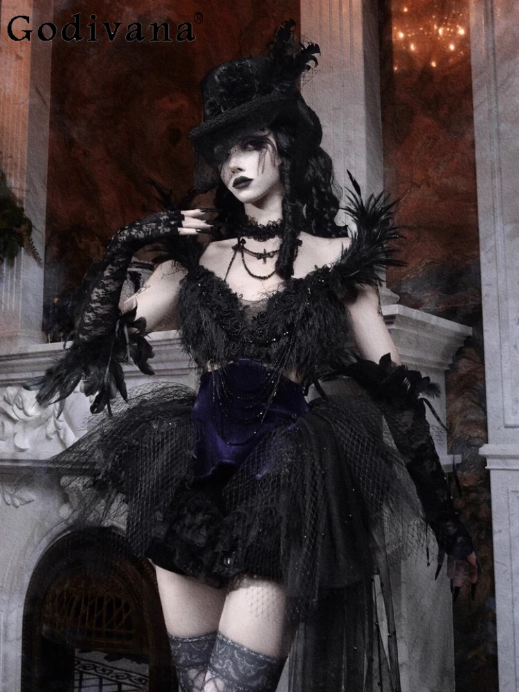 Mini robe d'halloween pour femmes, gothique, cour foncée, queue de plumes françaises, ensemble short en velours, robes de princesse Lolita